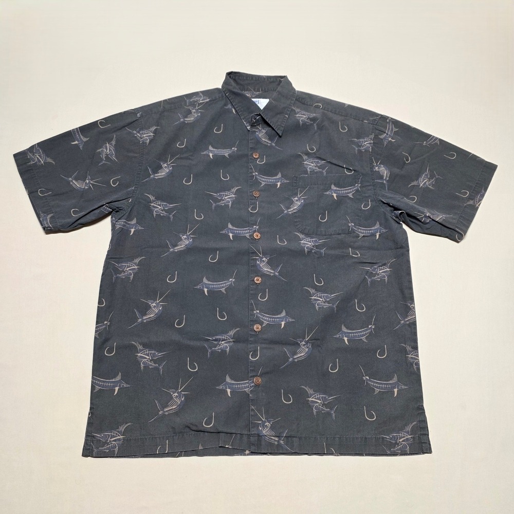AFTCO Men Shirt Size Medium Charcoal Marlin Fish Hook Graphics Short Sleeve